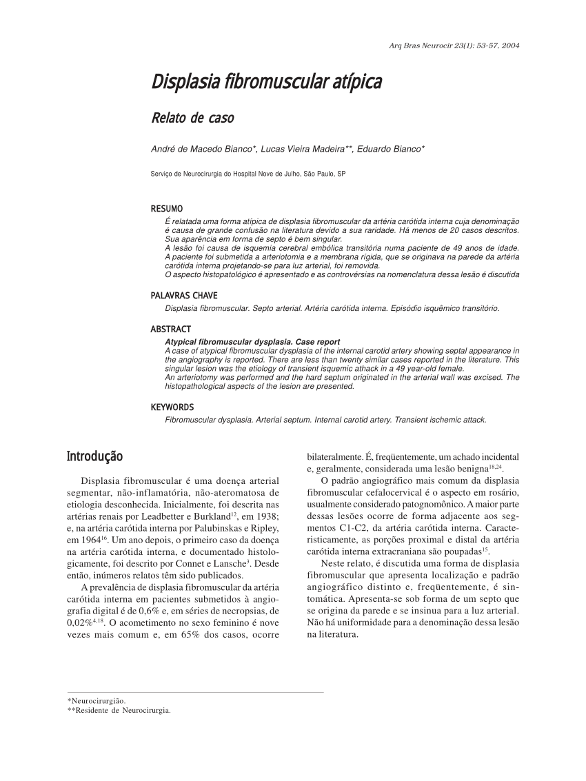 PDF Displasia fibromuscular atípica Relato de caso