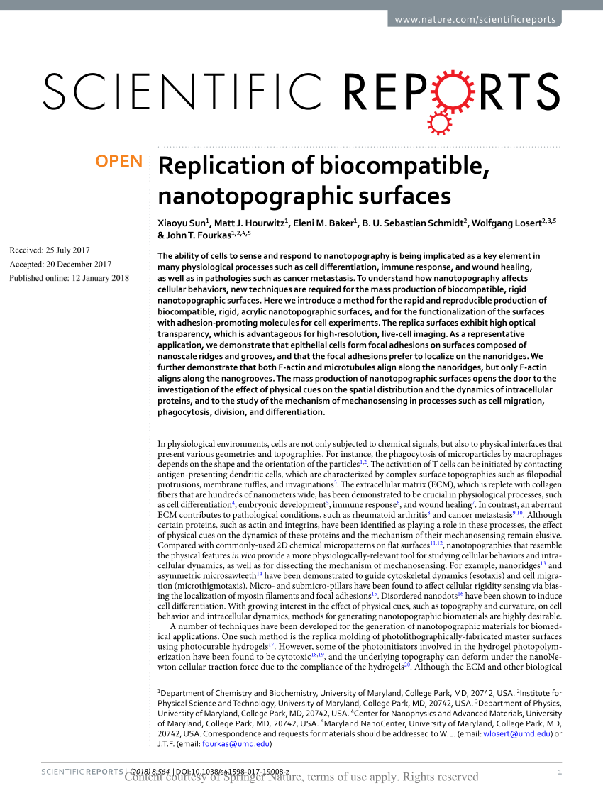 Pdf Replication Of Biocompatible Nanotopographic Surfaces