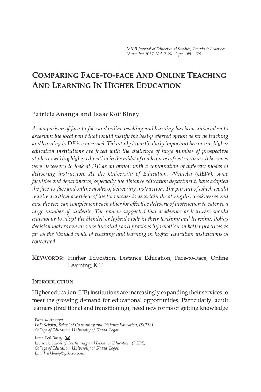 Pdf Comparing Face To Face And Online Teaching And Learning In