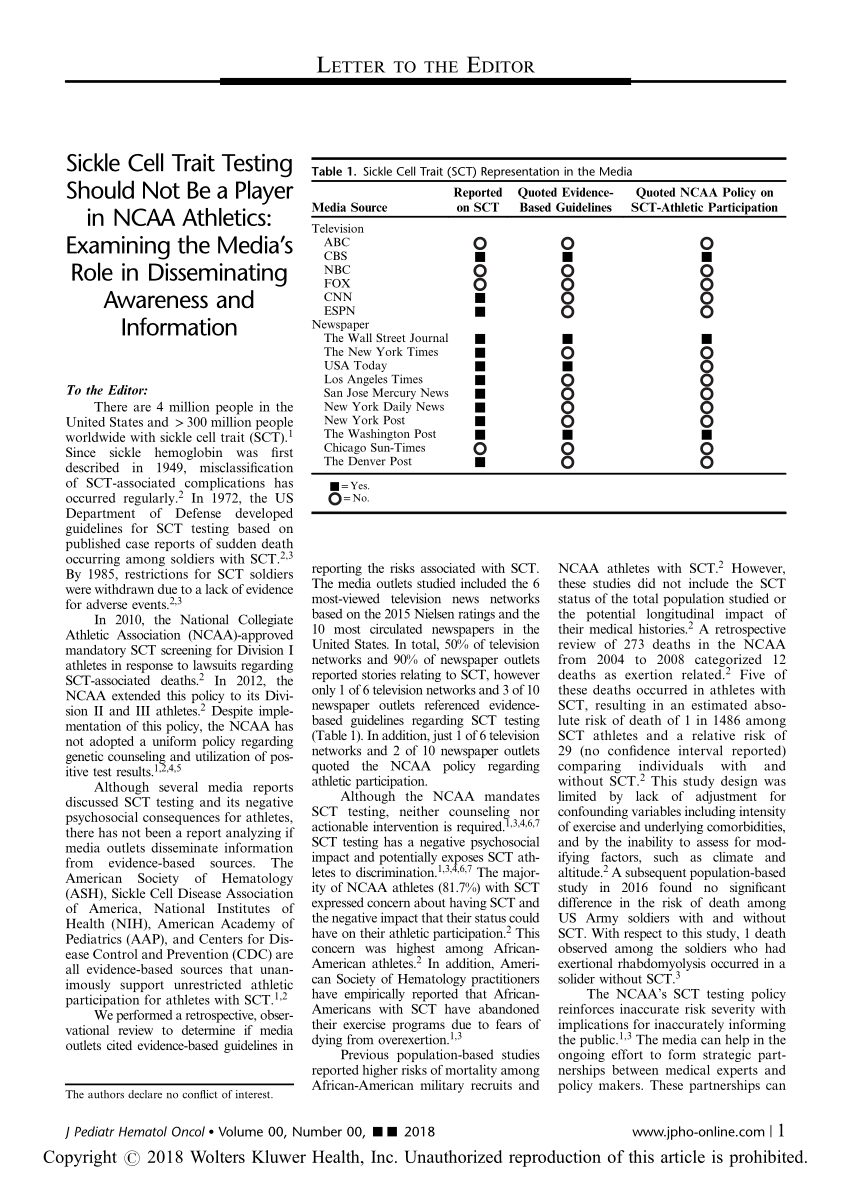 (PDF) Sickle Cell Trait Testing Should Not Be a Player in NCAA