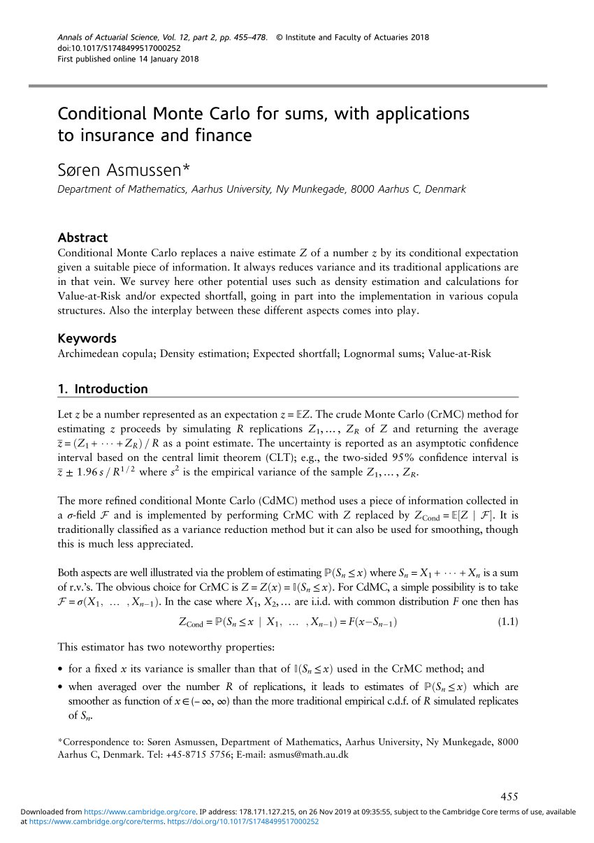 Pdf Conditional Monte Carlo For Sums With Applications To Insurance And Finance
