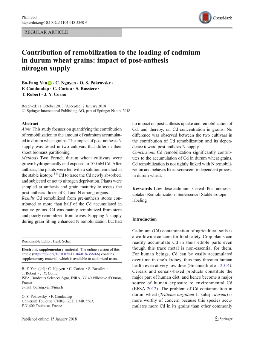 Pdf Contribution Of Remobilization To The Loading Of Cadmium In Durum Wheat Grains Impact Of Post Anthesis Nitrogen Supply