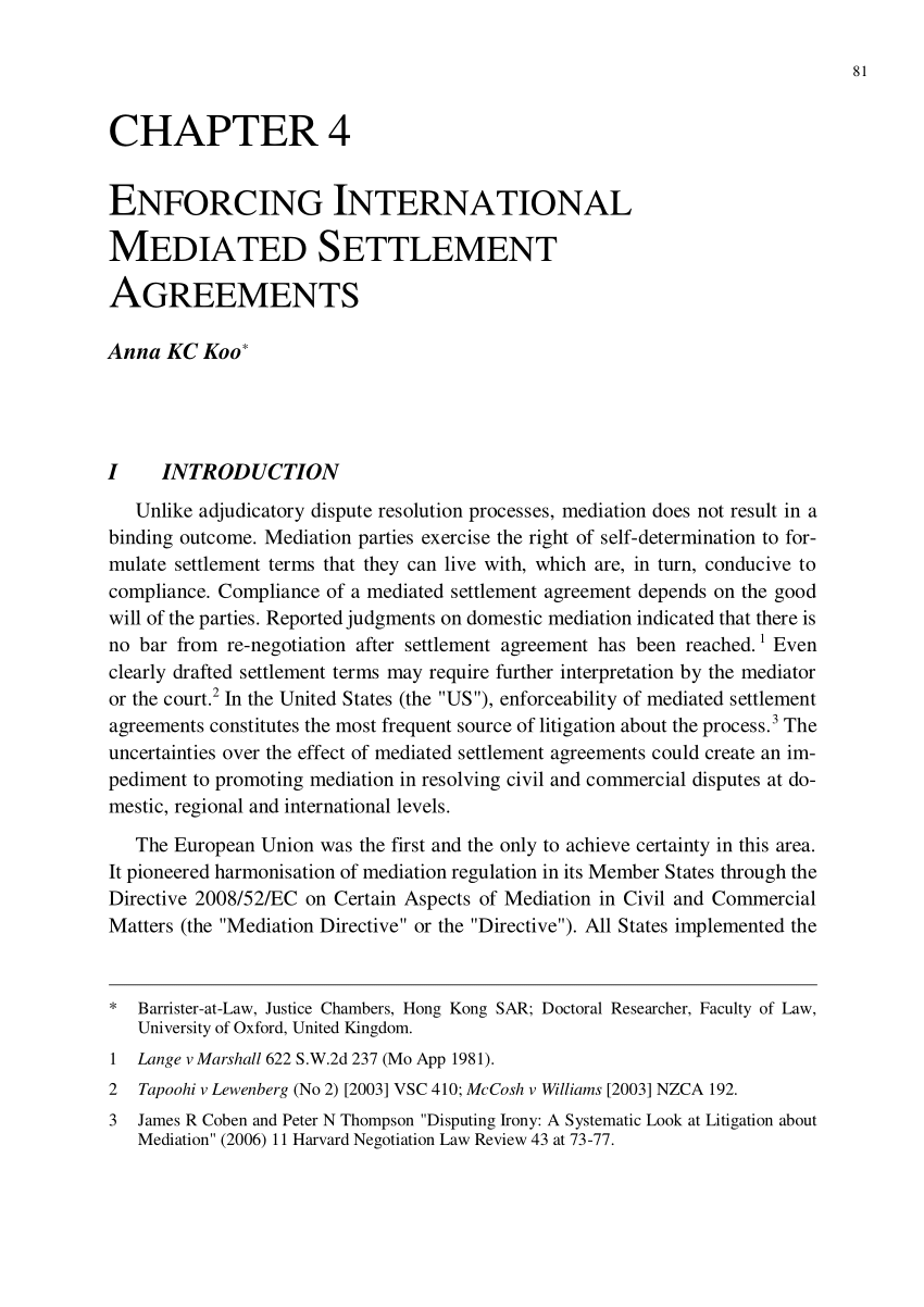 PDF) Enforcing International Mediated Settlement Agreements Regarding mediation outcome agreement template