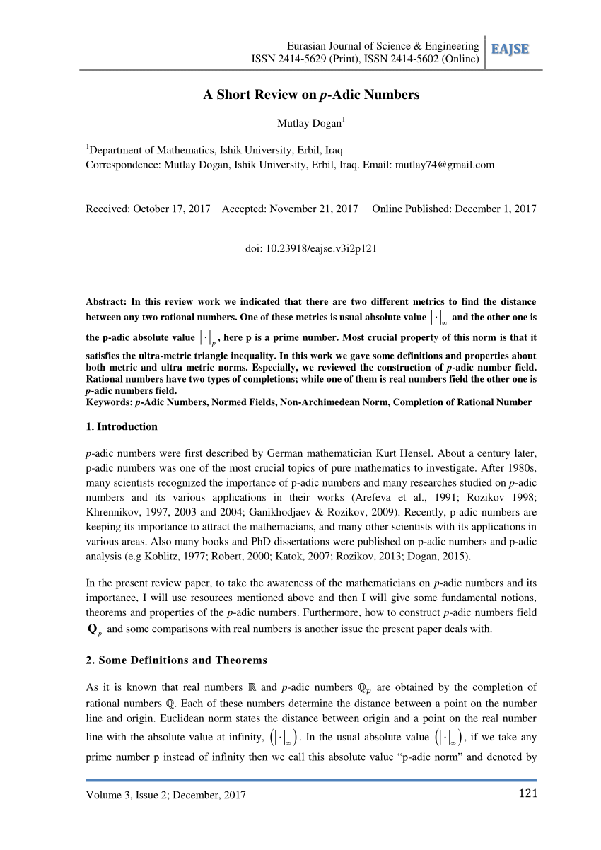 (PDF) A Short Review on p-Adic Numbers