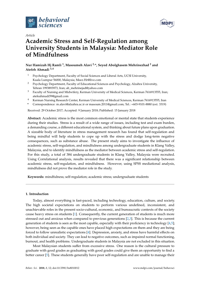 Pdf Academic Stress And Self Regulation Among University Students In Malaysia Mediator Role Of Mindfulness