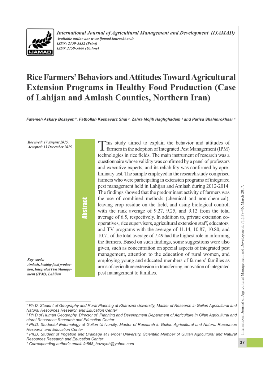 Pdf Rice Farmers Behaviors And Attitudes Toward Agricultural Extension Programs In Healthy Food Production Case Of Lahijan And Amlash Counties Northern Iran