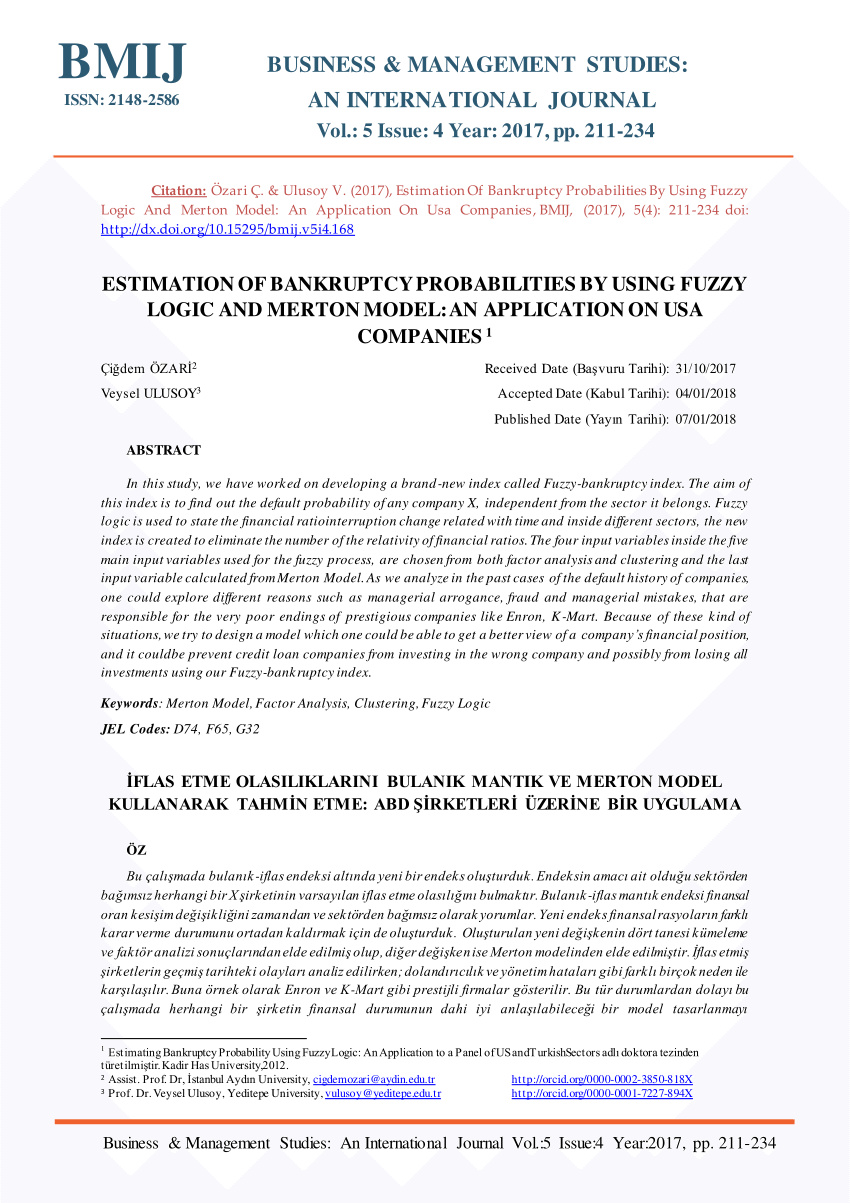 Pdf Estimation Of Bankruptcy Probabilities By Using Fuzzy Logic And Merton Model An Application On Usa Companies