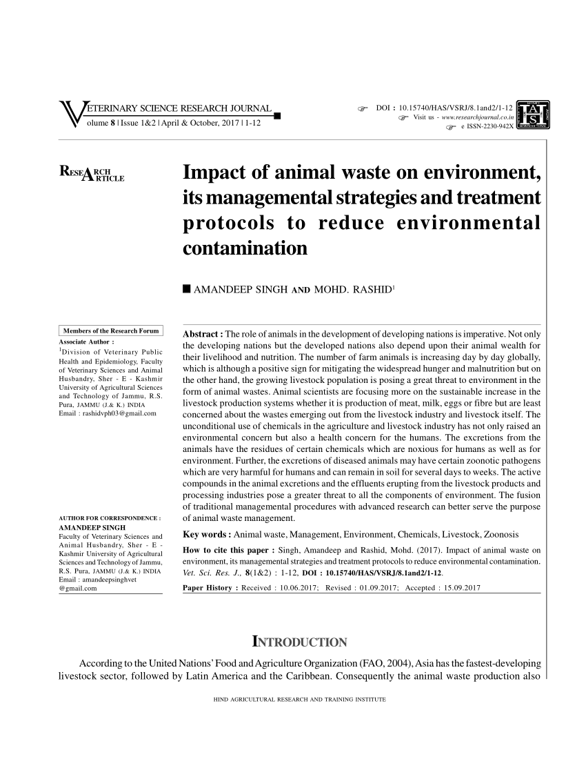 PDF) Impact of animal waste on environment, its managemental strategies and  treatment protocols to reduce environmental contamination