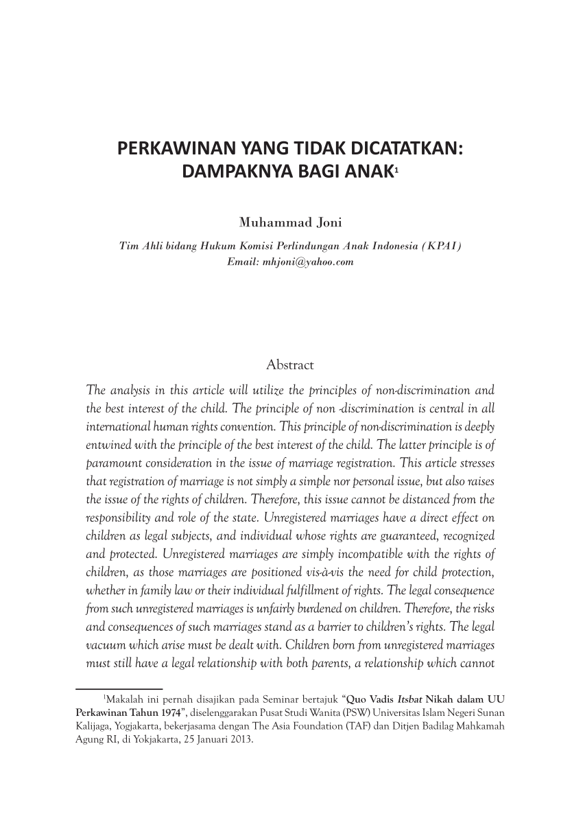 Pdf Perkawinan Yang Tidak Dicatatkan Dampaknya Bagi Anak