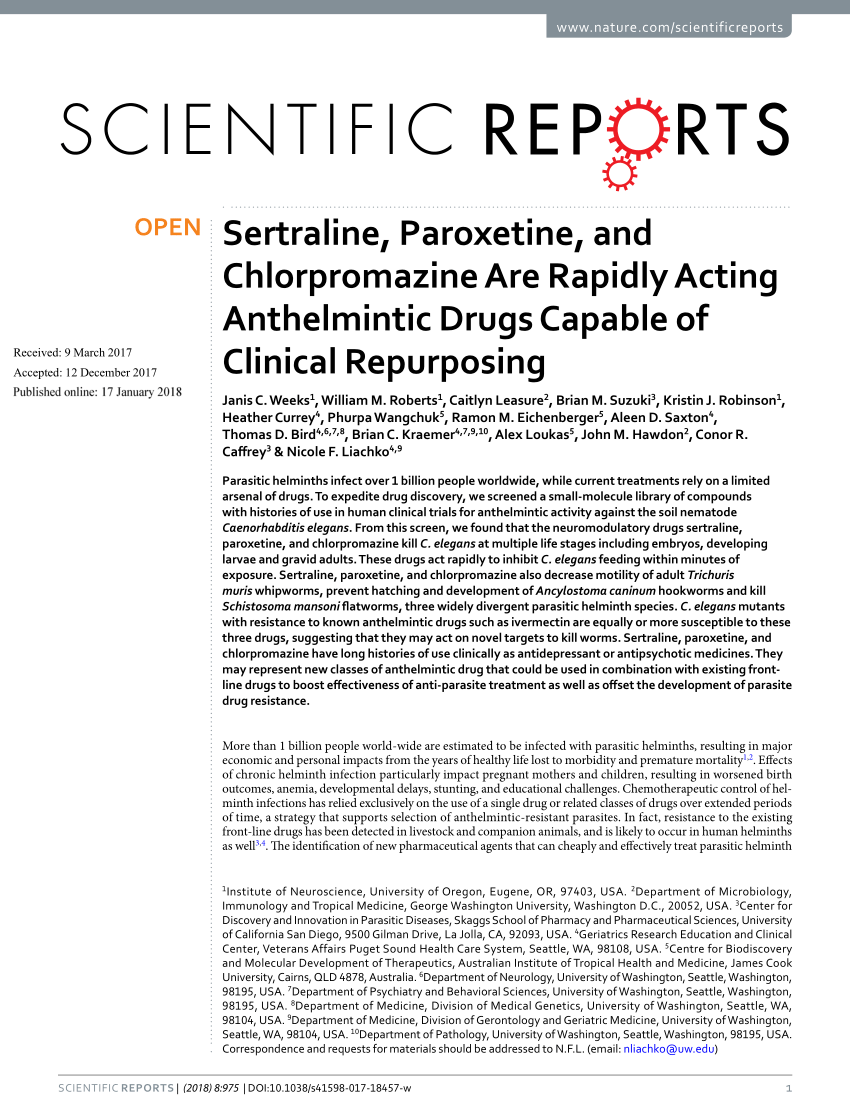 PDF) Sertraline, Paroxetine, and Chlorpromazine Are Rapidly Acting  Anthelmintic Drugs Capable of Clinical Repurposing