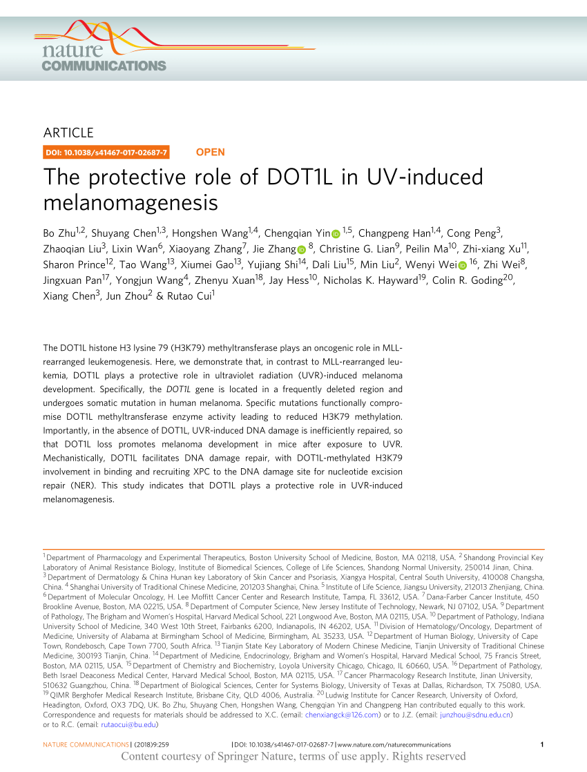 PDF) The protective role of DOT1L in UV-induced melanomagenesis