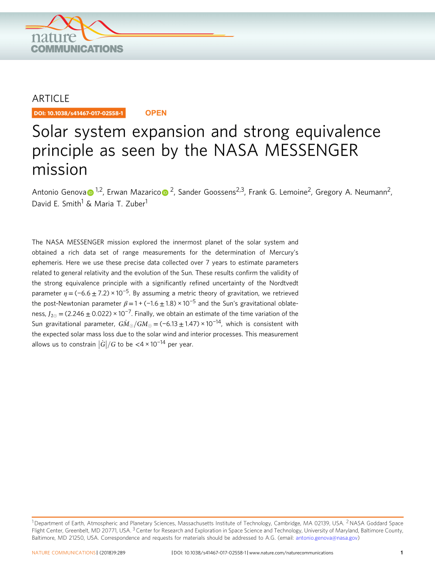 Pdf Solar System Expansion And Strong Equivalence Principle As Seen By The Nasa Messenger Mission