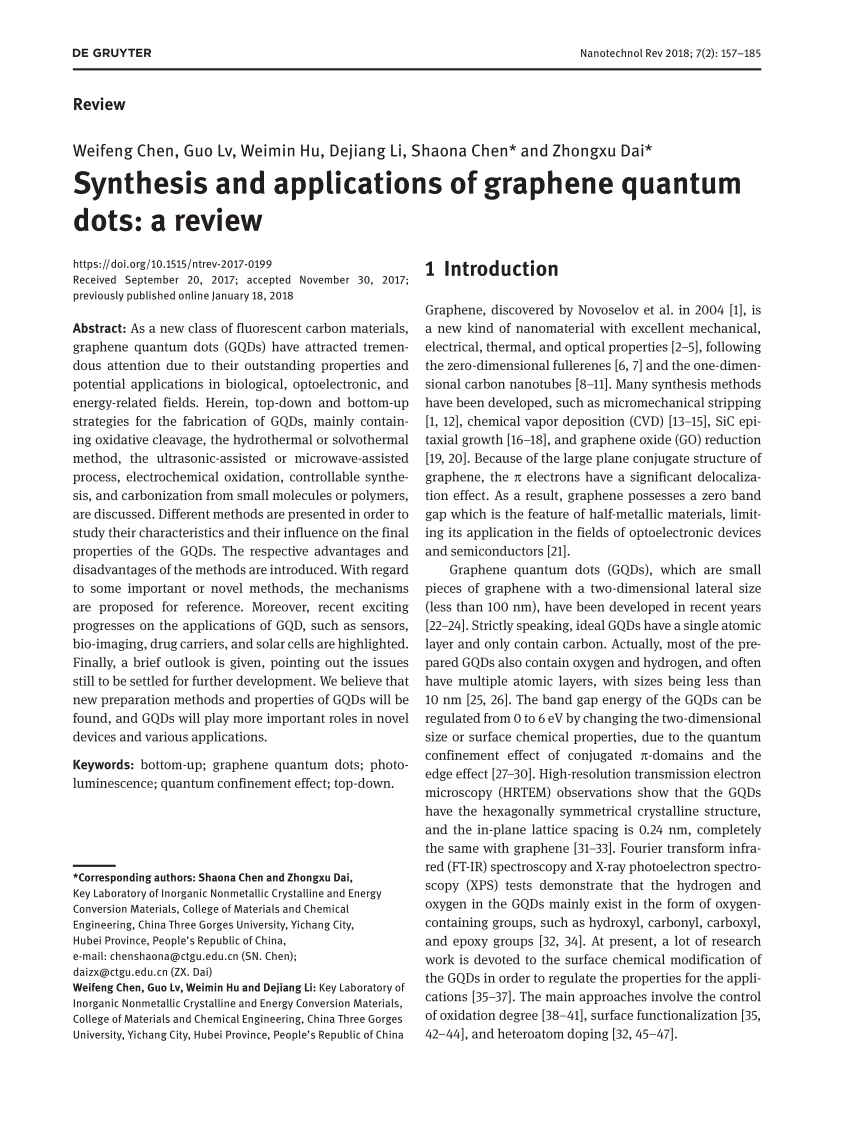 PDF) Synthesis and applications of graphene quantum dots: A review