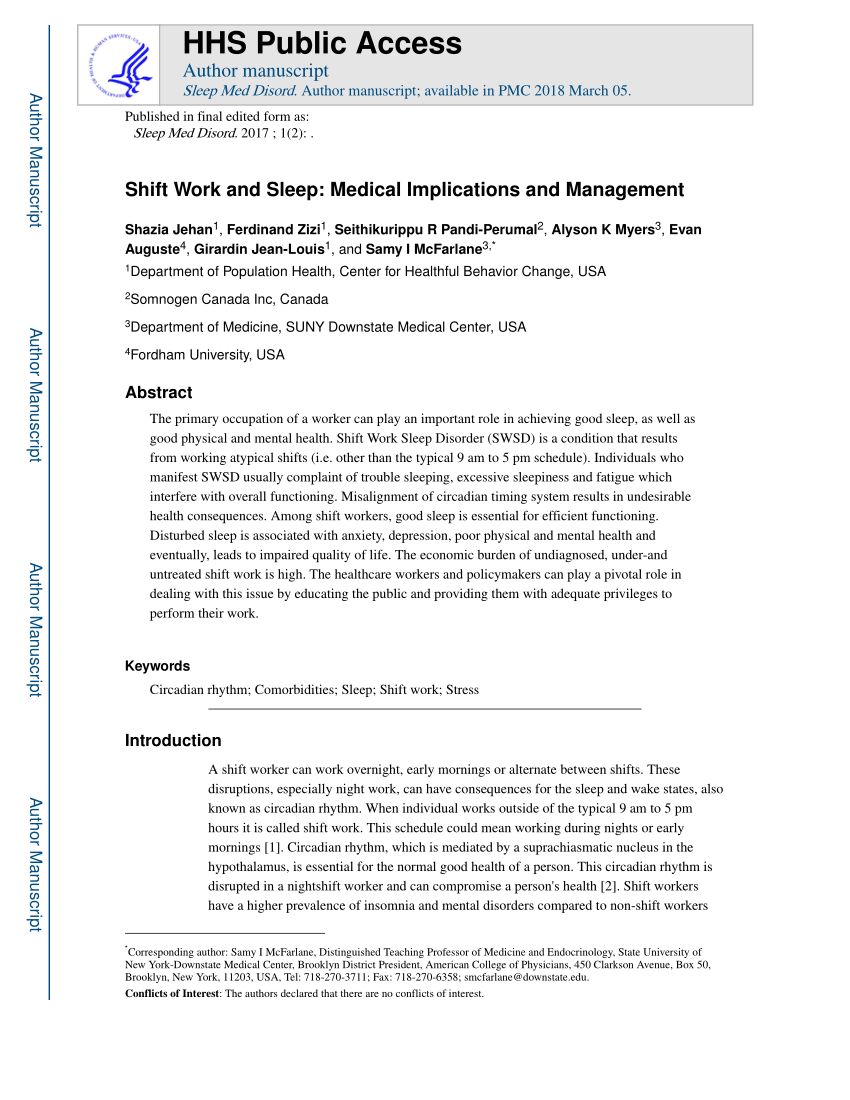 PDF) Shift Work and Sleep Medical Implications and Management