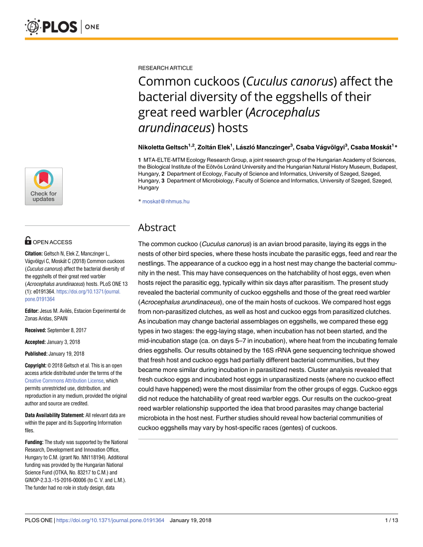 Pdf Common Cuckoos Cuculus Canorus Affect The Bacterial Diversity Of The Eggshells Of Their Great Reed Warbler Acrocephalus Arundinaceus Hosts