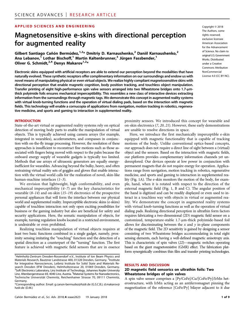 Pdf Magnetosensitive E Skins With Directional Perception For Augmented Reality