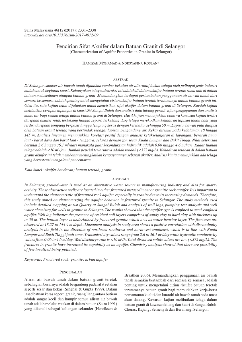 Pdf Pencirian Sifat Akuifer Dalam Batuan Granit Di Selangor