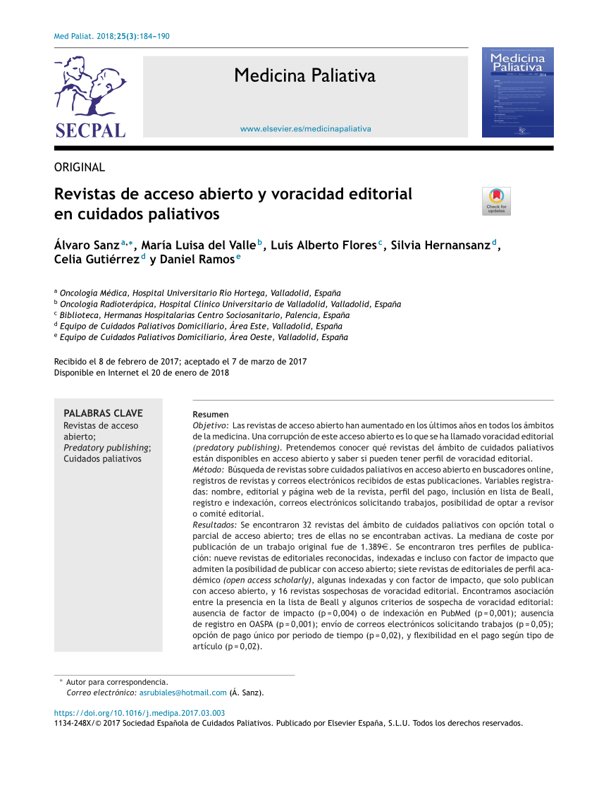 Pdf Revistas De Acceso Abierto Y Voracidad Editorial En Cuidados Paliativos 