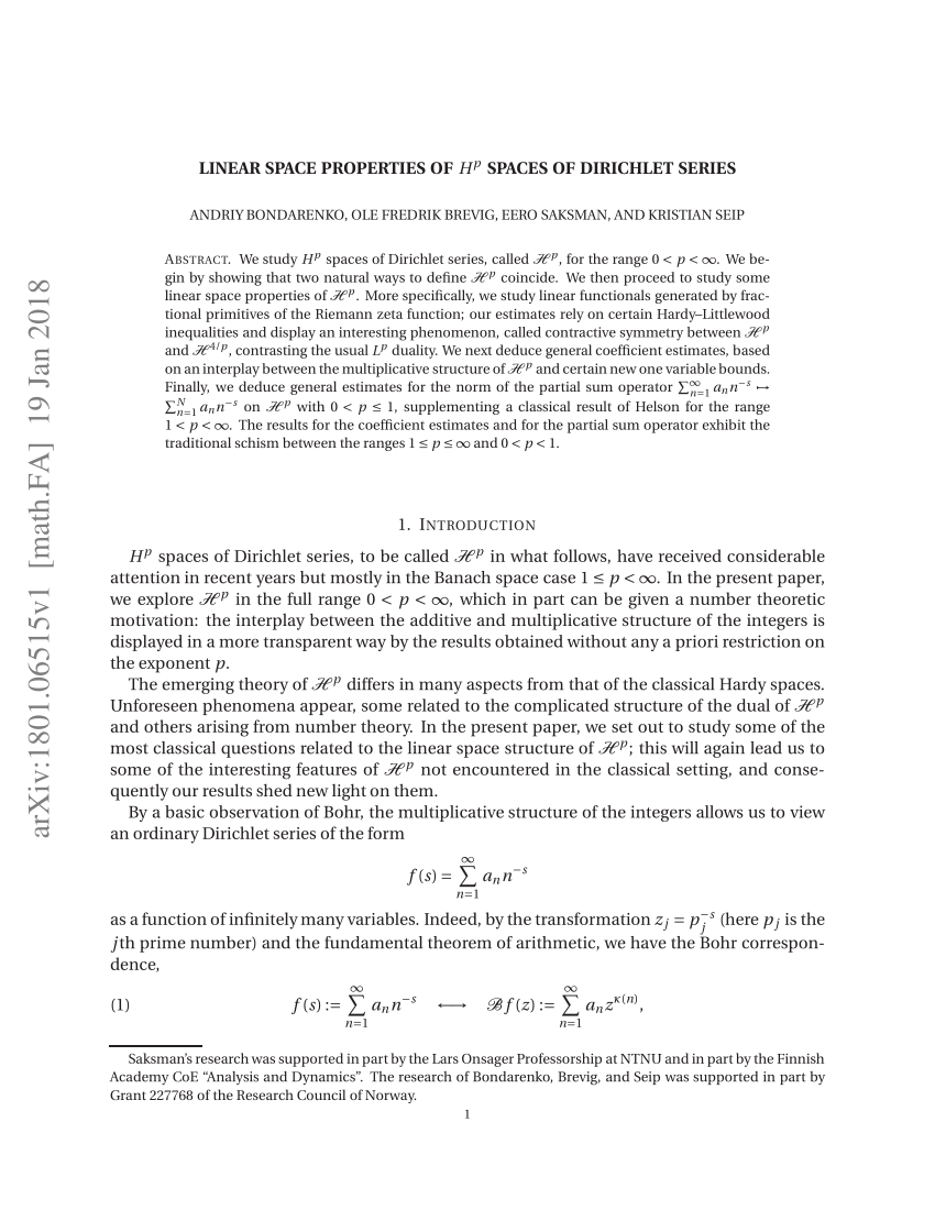 Pdf Linear Space Properties Of H P Spaces Of Dirichlet Series