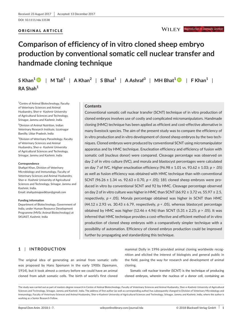 PDF) Comparison of efficiency of in vitro cloned sheep embryo production by  conventional somatic cell nuclear transfer and handmade cloning technique