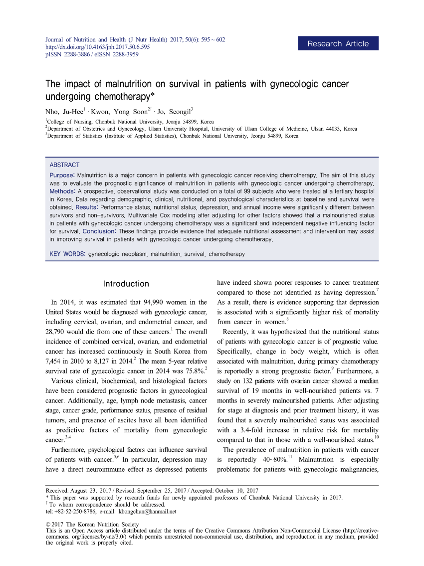 PDF The impact of malnutrition on survival in patients with gynecologic cancer undergoing 
