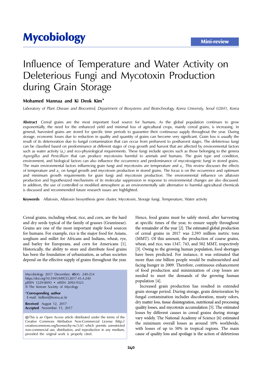 Pdf Influence Of Temperature And Water Activity On Deleterious Fungi And Mycotoxin Production During Grain Storage