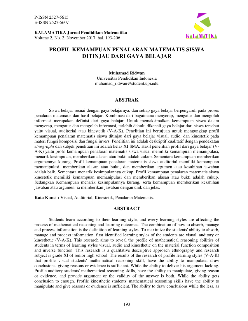 Pdf Profil Kemampuan Penalaran Matematis Siswa Ditinjau Dari Gaya Belajar