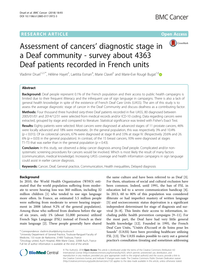 Pdf Assessment Of Cancers Diagnostic Stage In A Deaf Community Survey About 4363 Deaf Patients Recorded In French Units