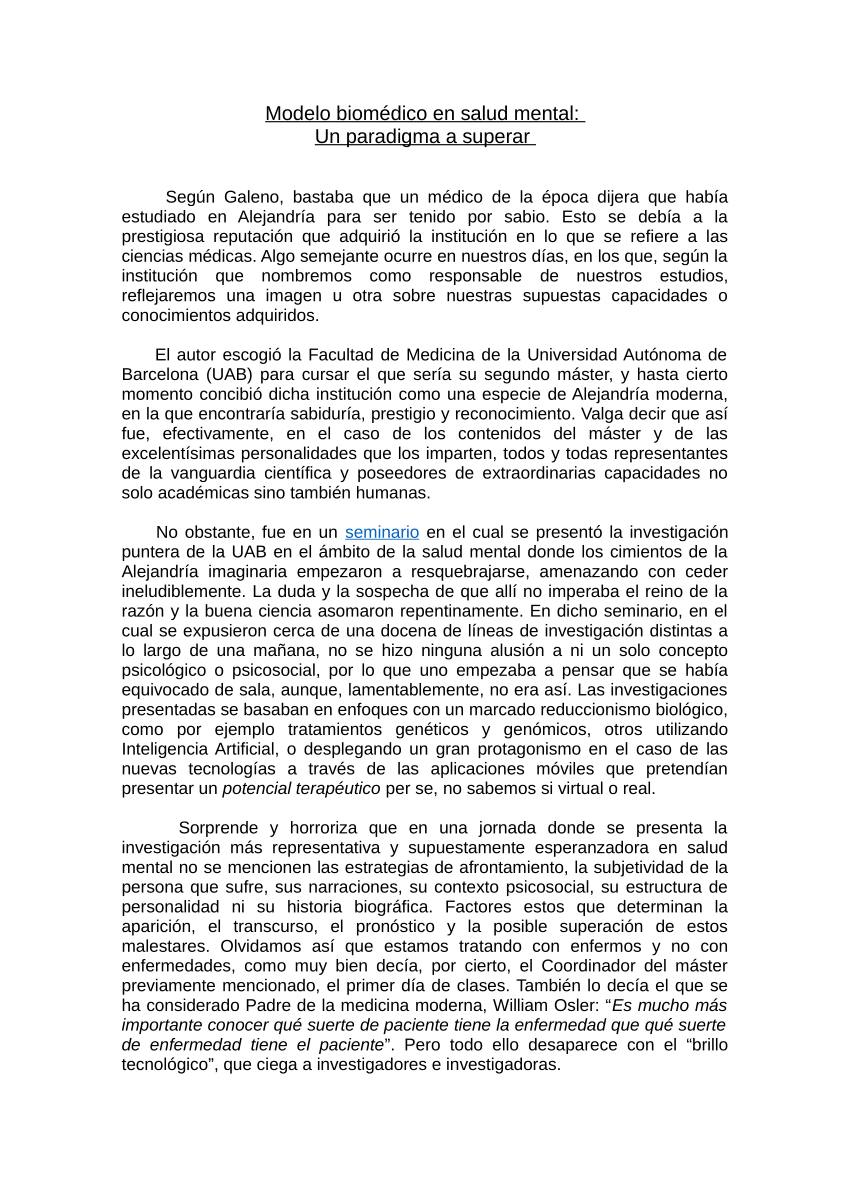 PDF) Modelo Biomédico en Salud Mental: Un Paradigma a Superar