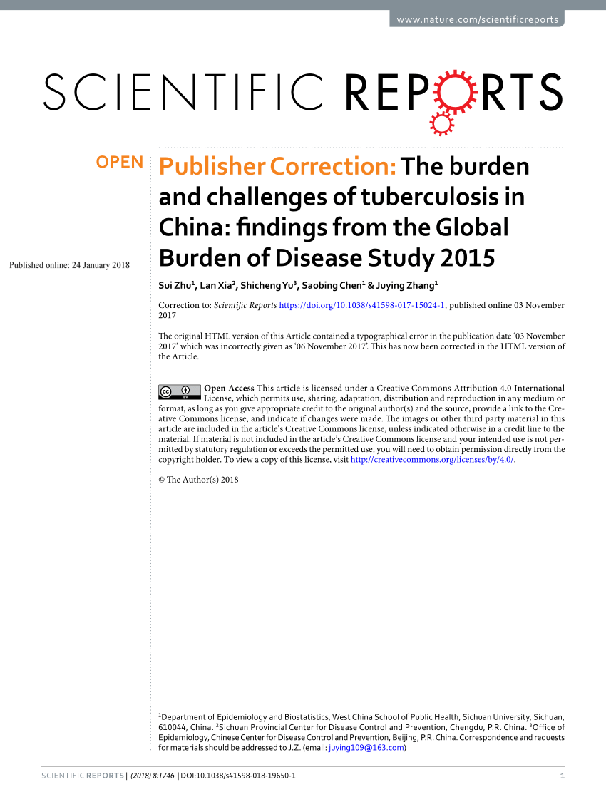 Pdf Publisher Correction The Burden And Challenges Of Tuberculosis In China Findings From The Global Burden Of Disease Study 15