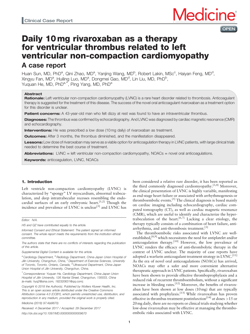 (PDF) Daily 10 mg rivaroxaban as a therapy for ventricular thrombus related to left ventricular ...