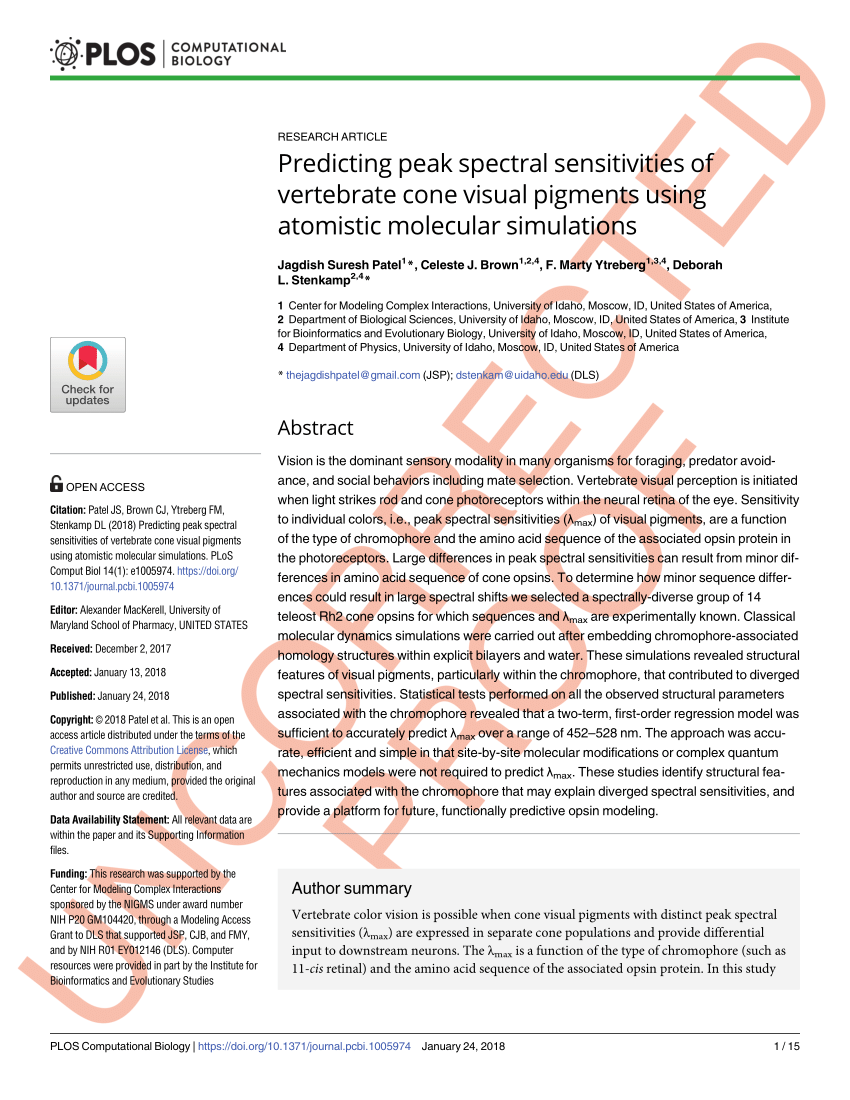 (PDF) Predicting peak spectral sensitivities of vertebrate cone visual