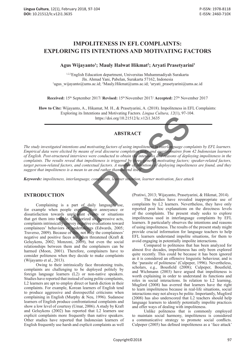 Pdf Impoliteness In Efl Complaints