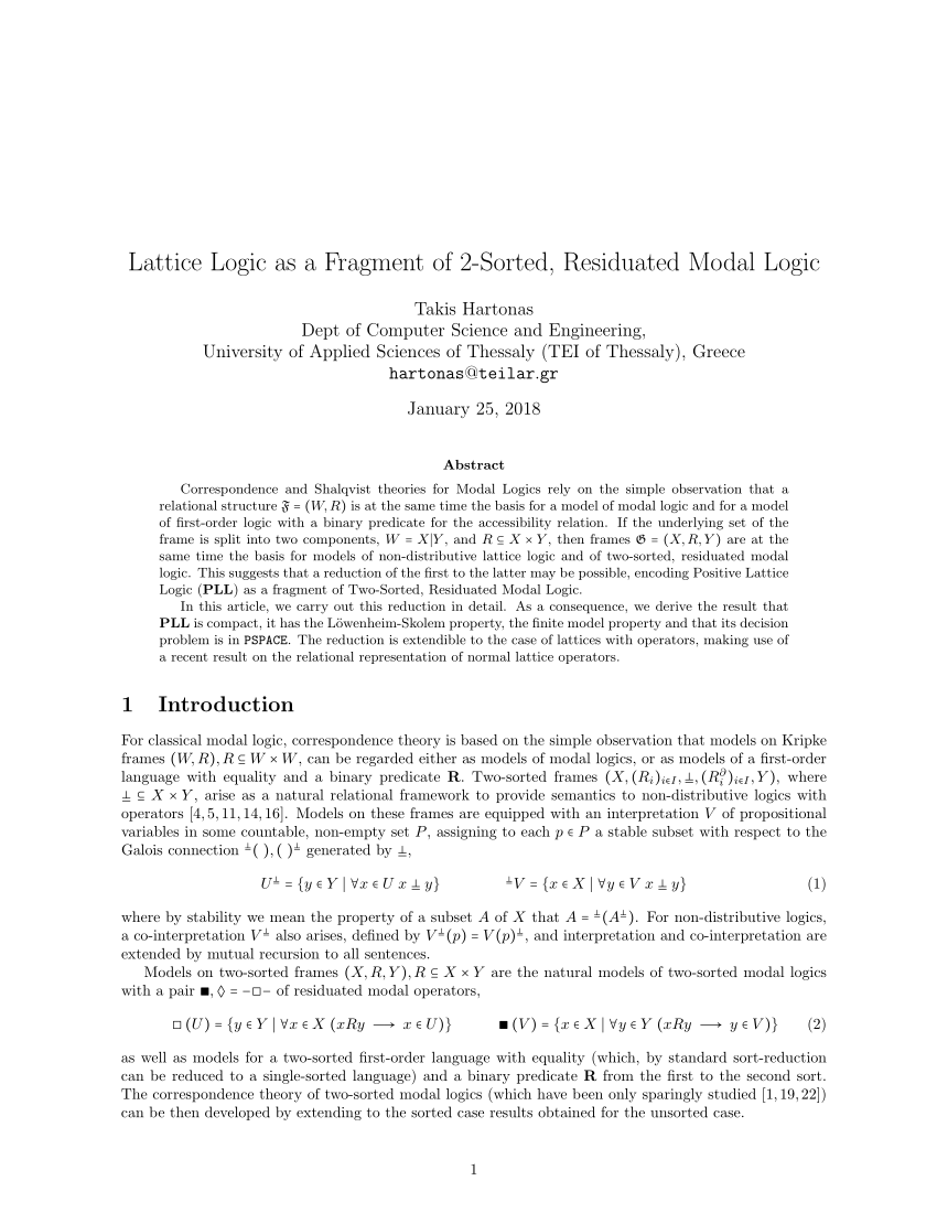 Pdf Lattice Logic As A Fragment Of 2 Sorted Residuated Modal Logic