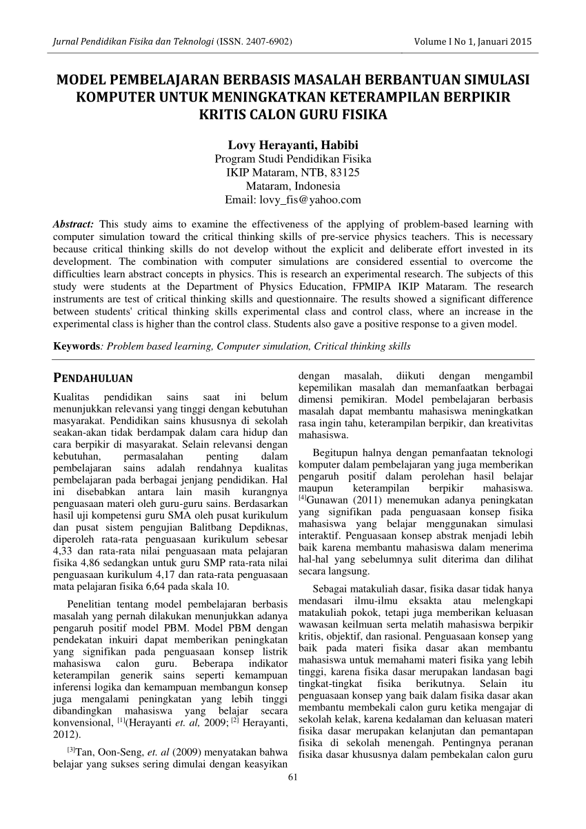 Pdf Model Pembelajaran Berbasis Masalah Berbantuan Simulasi Komputer Untuk Meningkatkan 7058