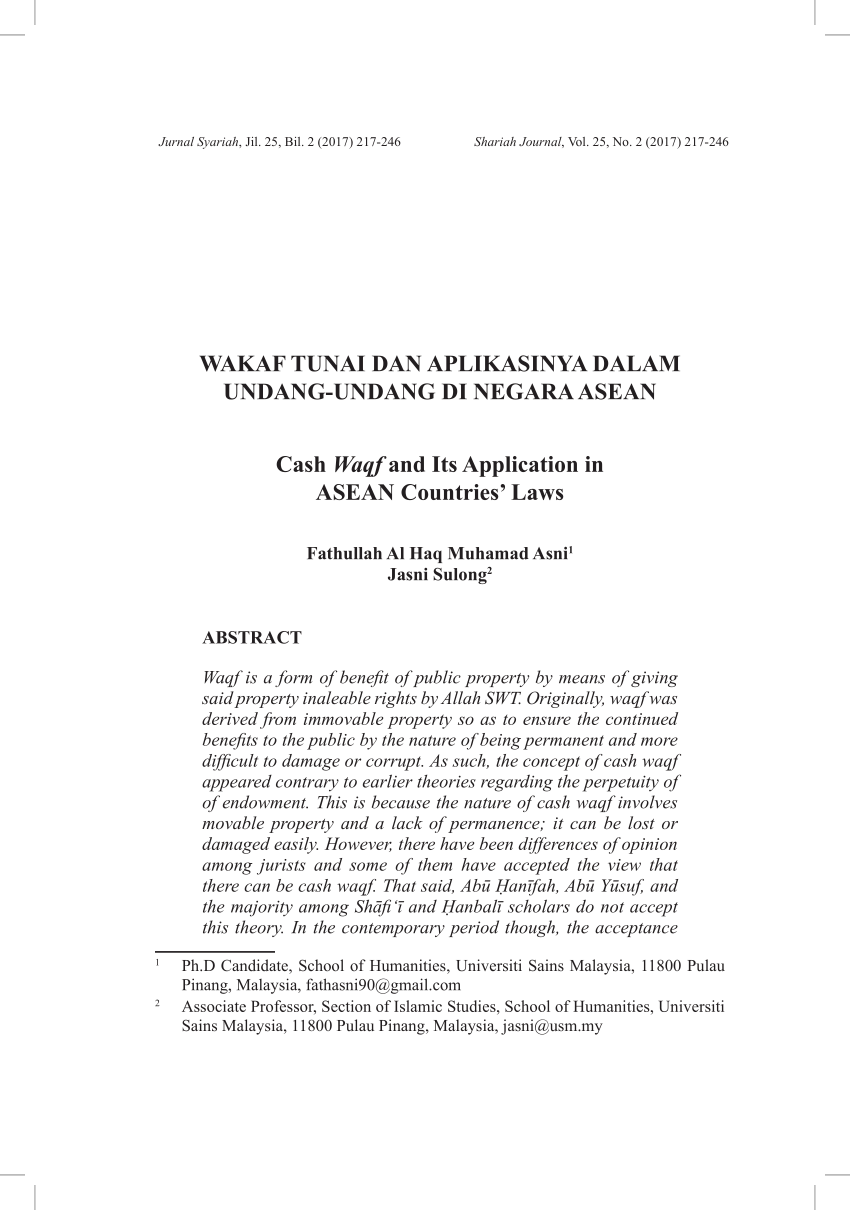 Pdf Wakaf Tunai Dan Aplikasinya Dalam Undang Undang Di Negara Asean