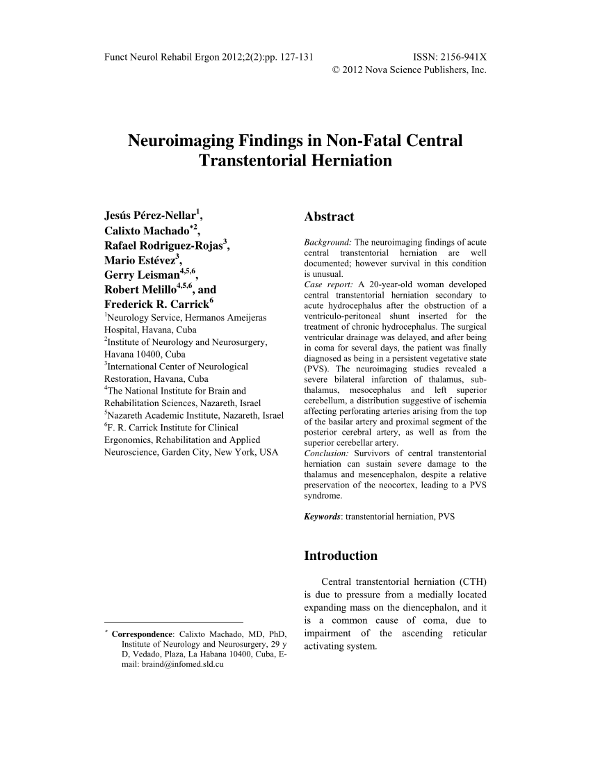 Pdf Neuroimaging In Non Fatal Central Transtentorial Herniation
