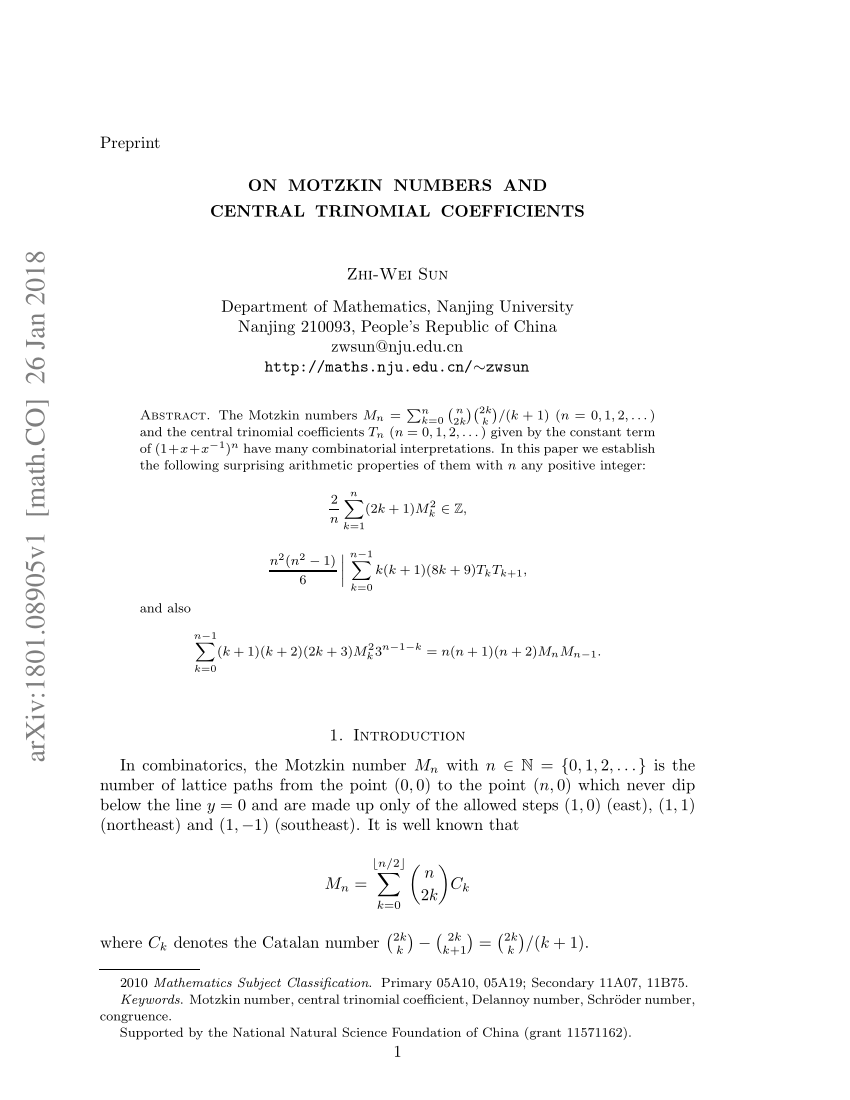 Pdf On Motzkin Numbers And Central Trinomial Coefficients