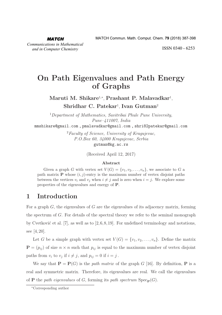 Pdf On The Path Eigenvalues And Path Energy Of Graphs