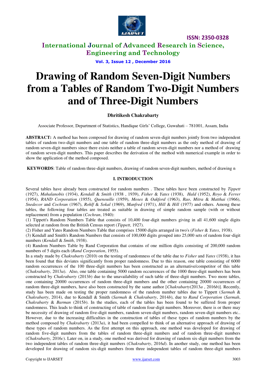 Pdf Drawing Of Random Seven Digit Numbers From Tables Of Random Two Digit Numbers And Of Three Digit Numbers