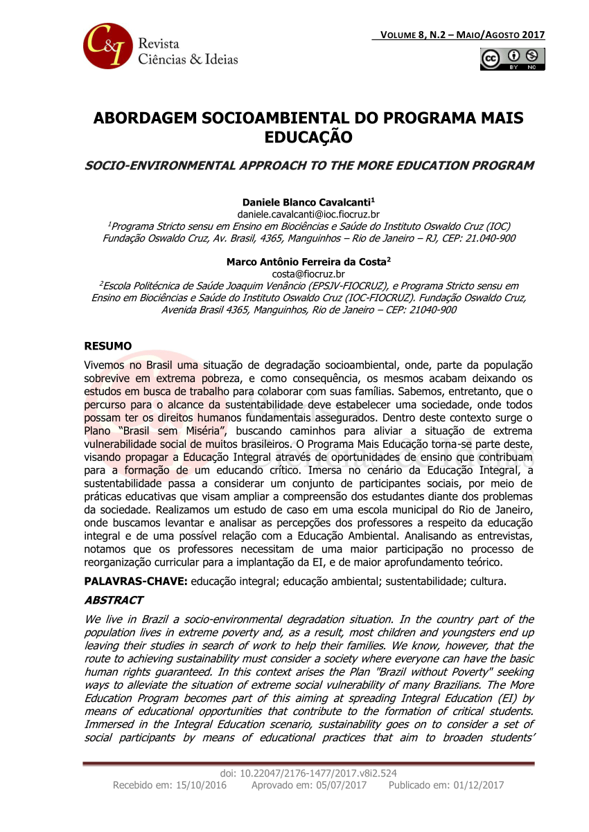 Pdf Abordagem Socioambiental Do Programa Mais Educacao