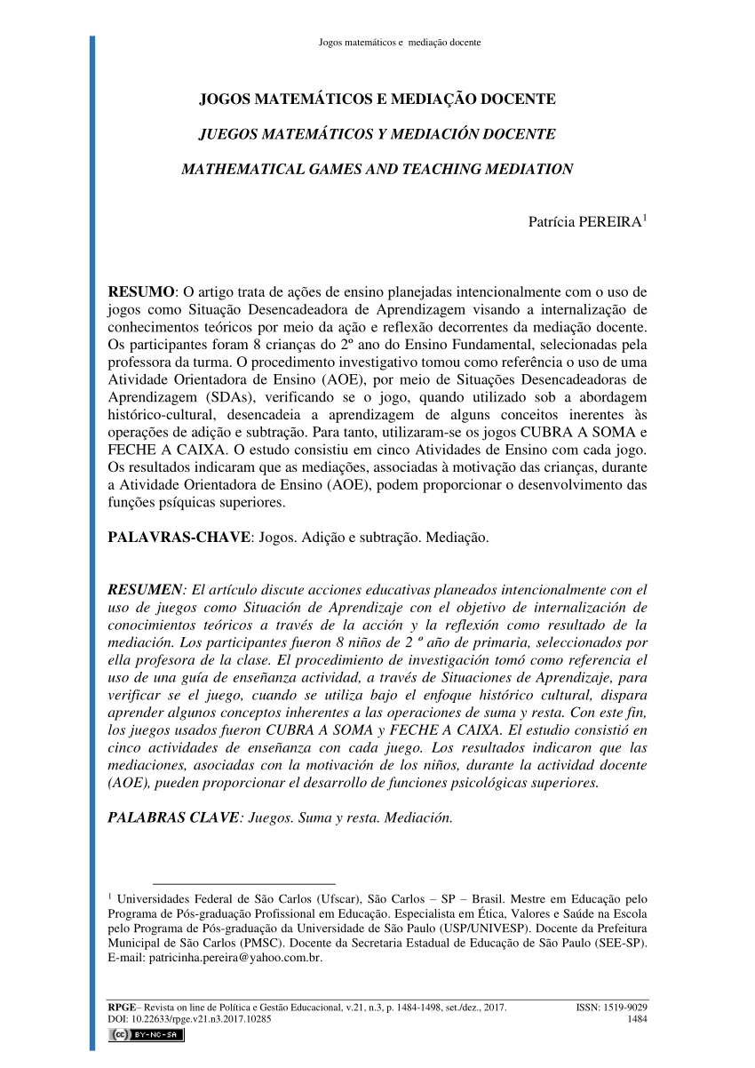 PDF) O uso de jogos matemáticos no trabalho com o cálculo mental