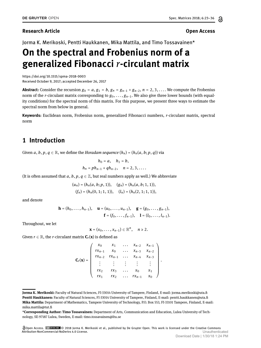 Pdf On The Spectral And Frobenius Norm Of A Generalized Fibonacci R Circulant Matrix