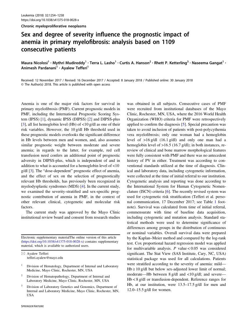 Pdf Sex And Degree Of Severity Influence The Prognostic Impact Of Anemia In Primary 4565