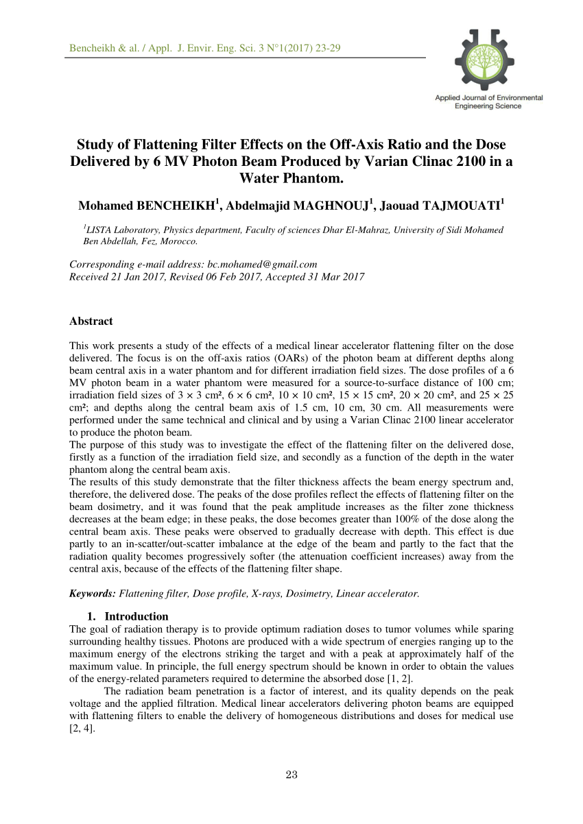 Pdf Study Of Flattening Filter Effects On The Off Axis Ratio And The Dose Delivered By 6 Mv Photon Beam Produced By Varian Clinac 2100 In A Water Phantom
