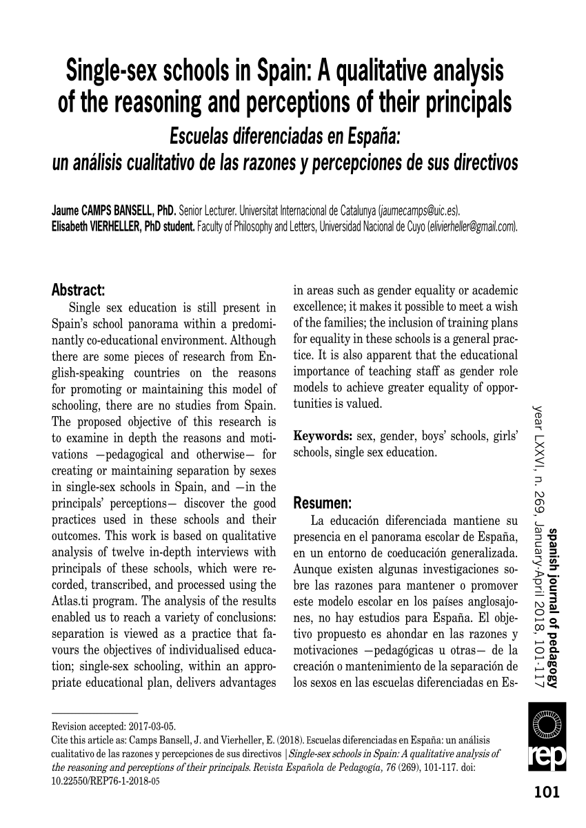 PDF) Single-sex schools in Spain: A qualitative analysis of the reasoning  and perceptions of their principals