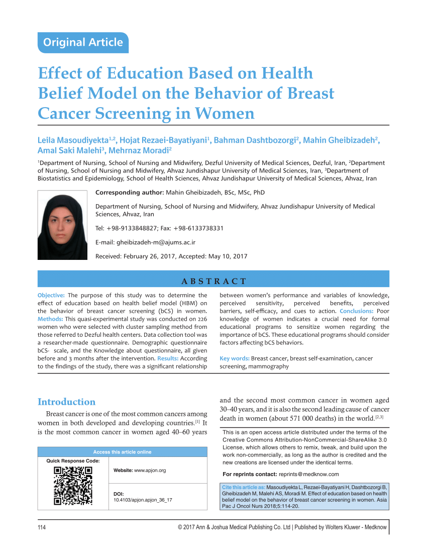 Pdf Effect Of Education Based On Health Belief Model On The Behavior Of Breast Cancer Screening In Women