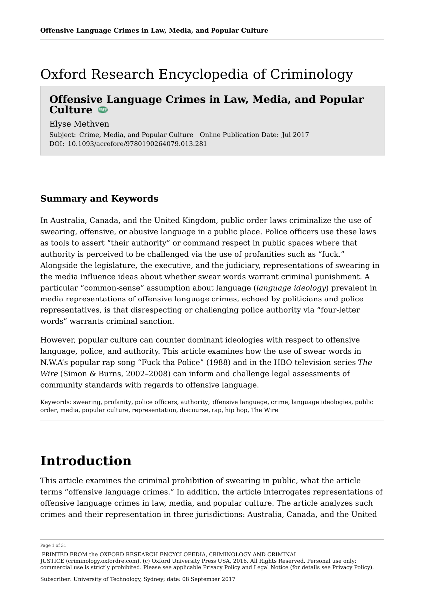Pdf Offensive Language Crimes In Law Media And Popular Culture