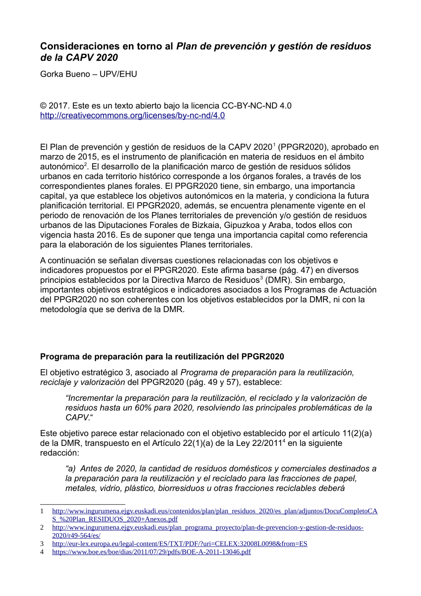 Pdf Consideraciones En Torno Al Plan De Prevencion Y Gestion De Residuos De La Capv