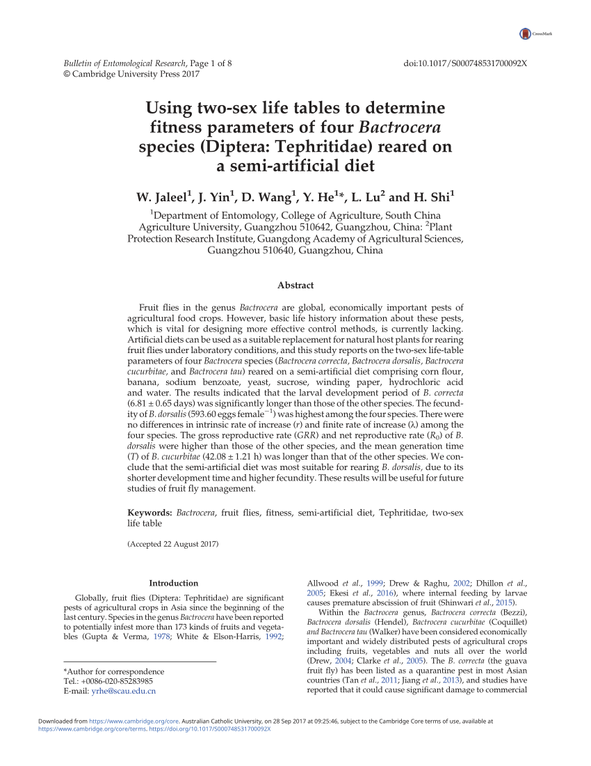 PDF) Using two-sex life tables to determine fitness parameters of four  Bactrocera species (Diptera: Tephritidae) reared on a semi-artificial diet  – CORRIGENDUM